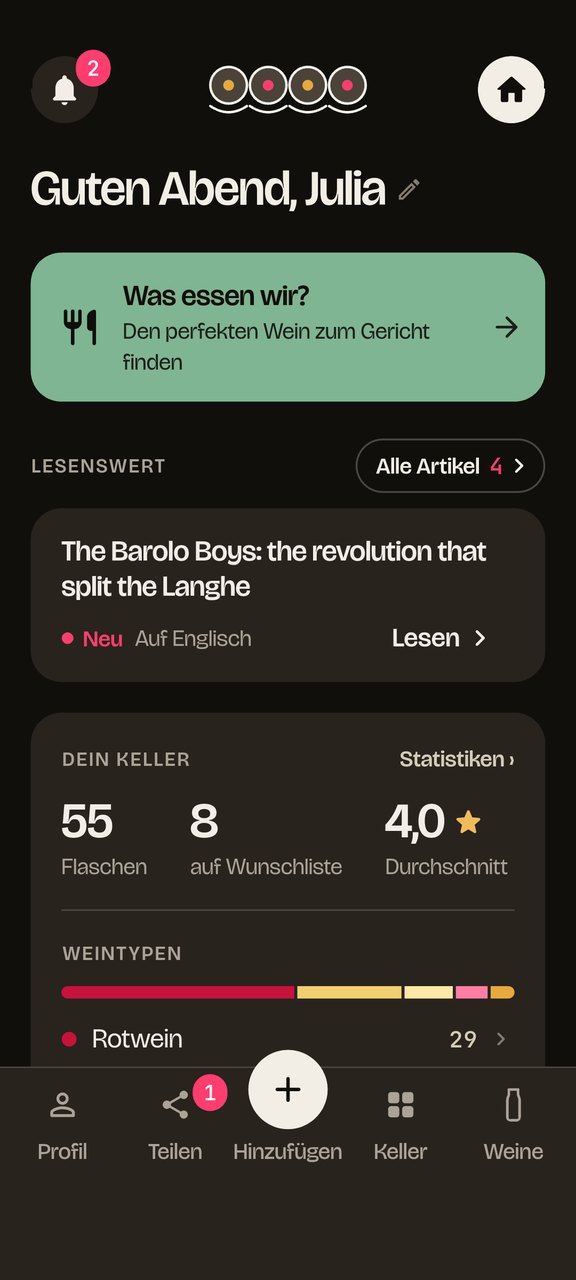 Beviamolo auf dem Handy: die Startseite mit Ihrem Keller