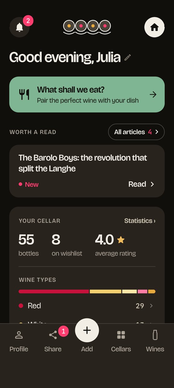 Beviamolo on a phone: the Home screen with your cellar