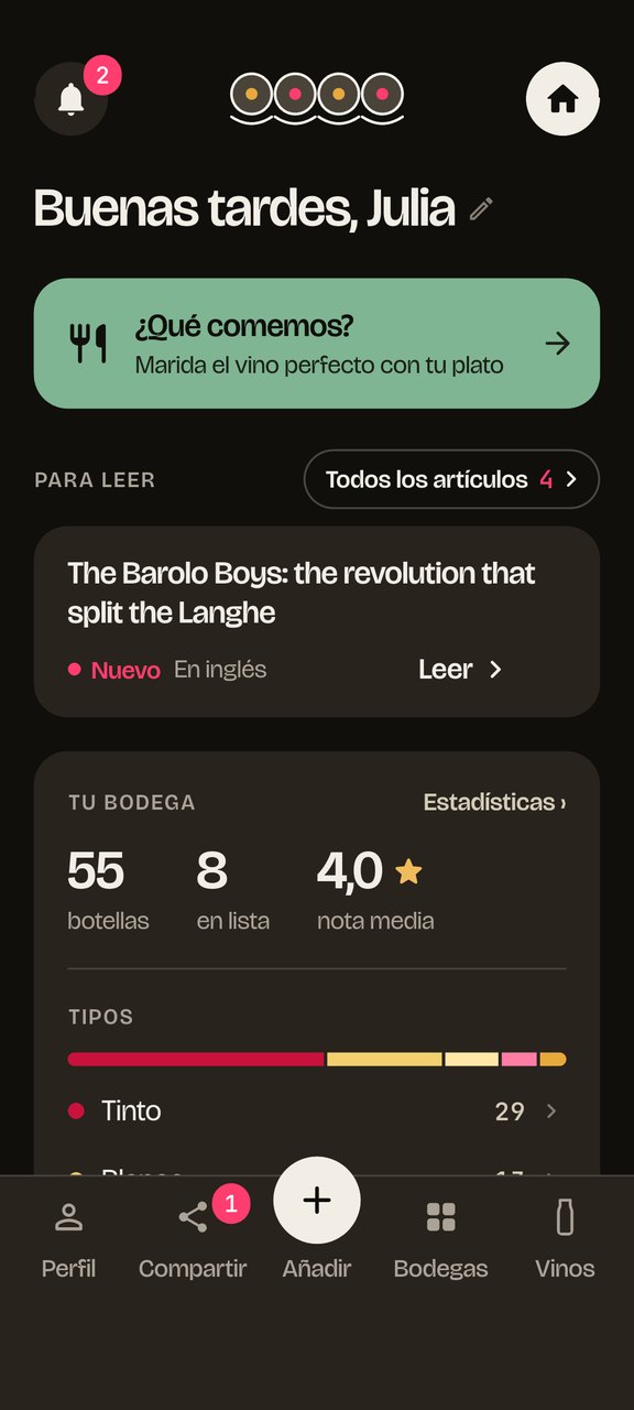 Beviamolo en el móvil: la pantalla de inicio con tu bodega