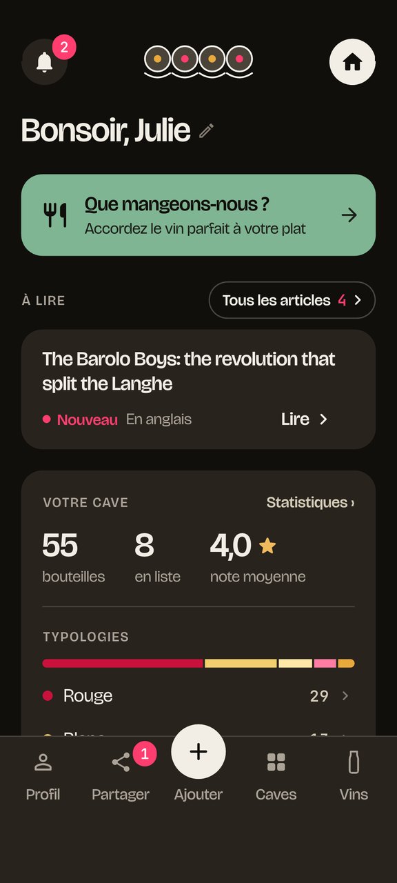 Beviamolo sur téléphone : l'accueil avec votre cave