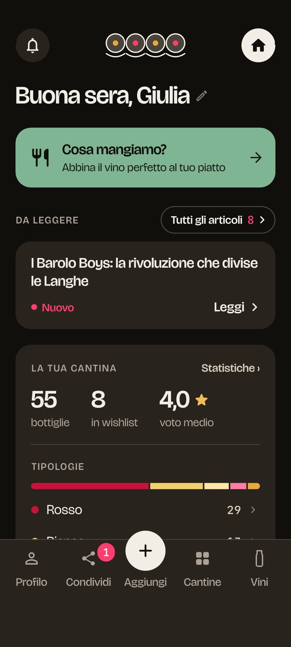 Beviamolo sul telefono: la Home con la tua cantina