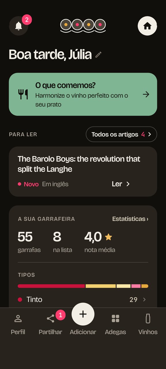 Beviamolo no telemóvel: o ecrã inicial com a sua adega